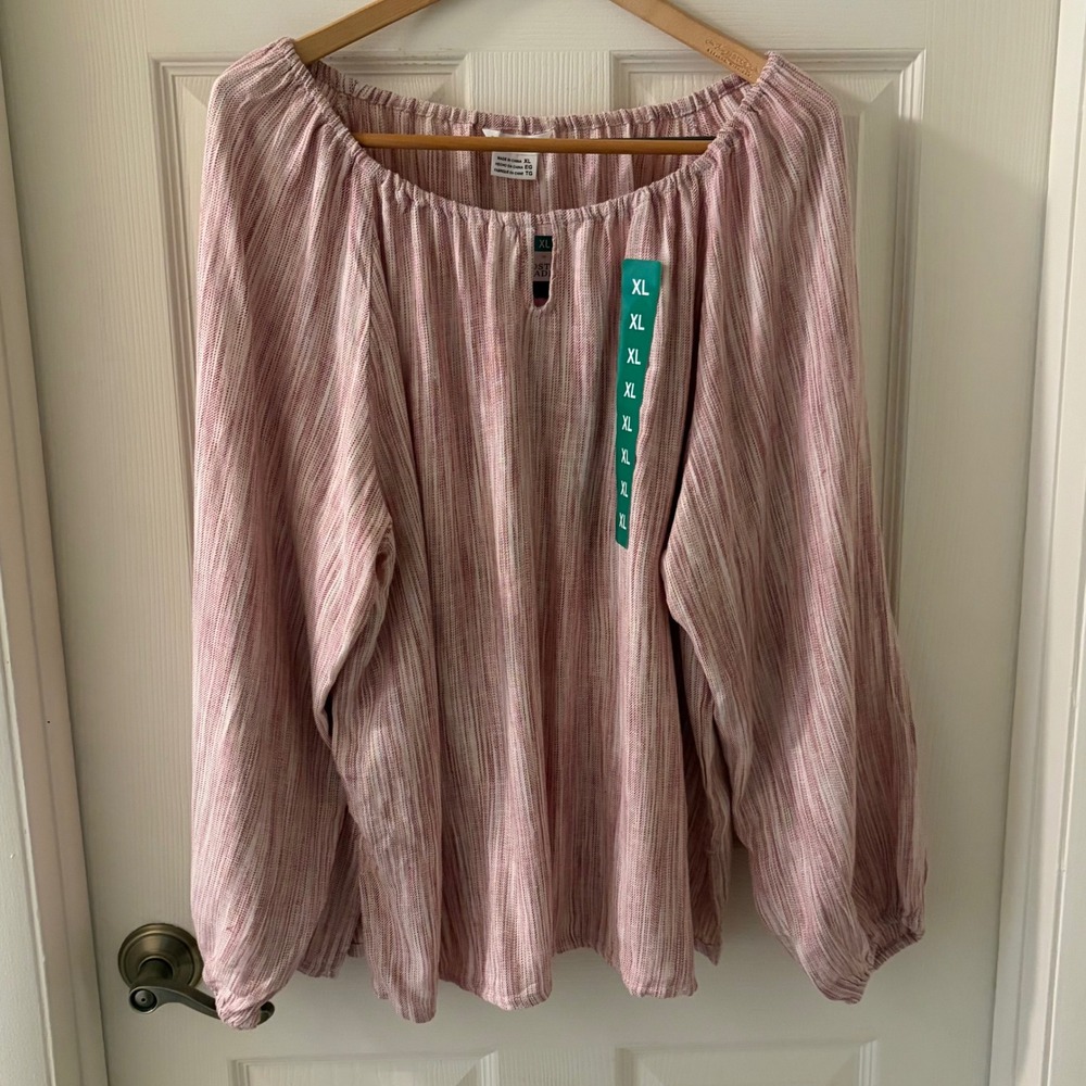 Boston Traders Womens XL Red Cream Stripe Peasant Blouse Long Sleeve NWT